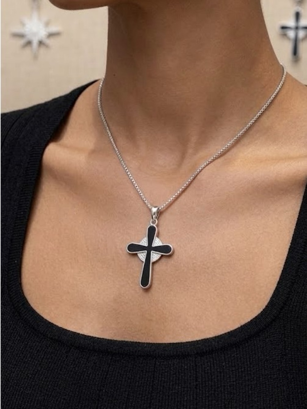 New Gold Filled Black Cross Pendant Necklace - Rhodium Plated.